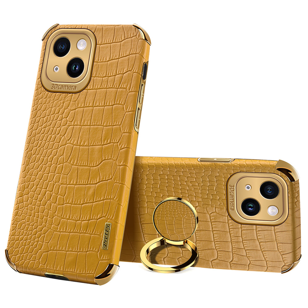 For iPhone 14 Electroplated PU Leather Coated TPU Cover Ring Kickstand Crocodile Texture Phone Case For iPhone 14 Electroplated PU Leather Coated TPU Cover Ring Kickstand Crocodile Texture Phone Case